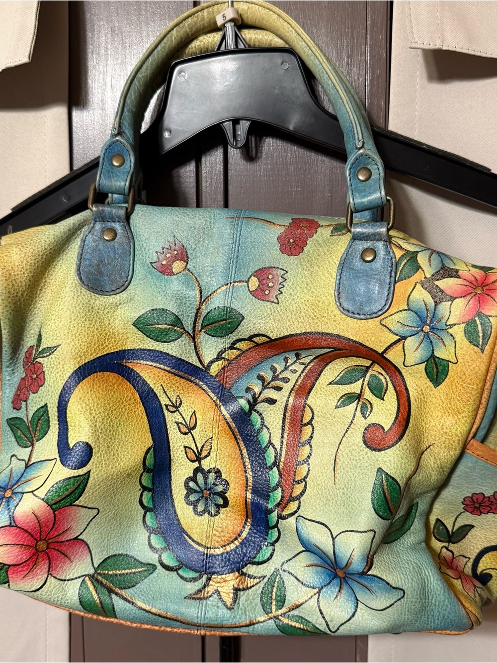 Hand-Painted Floral Leather Tote Bag in Multicolor